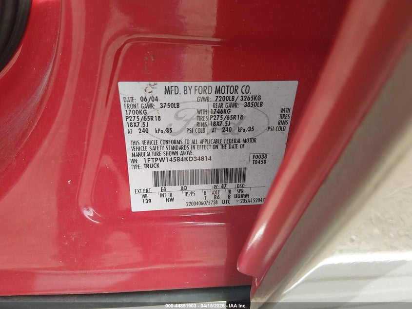 2004 Ford F-150 Fx4/Lariat/Xlt VIN: 1FTPW14584KD34814 Lot: 44851903