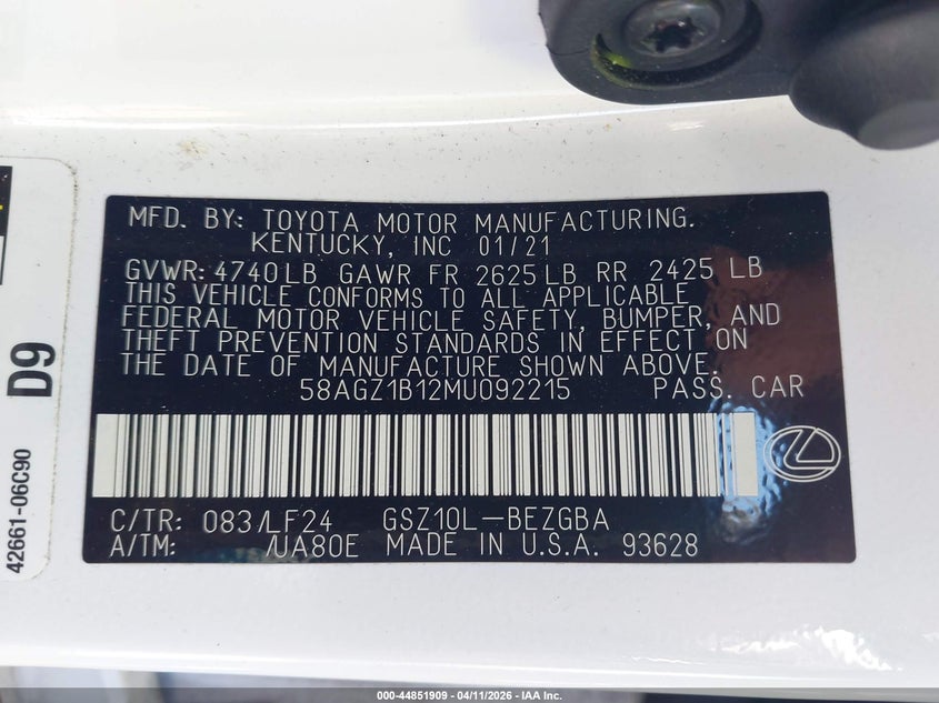 2021 Lexus Es 350 F Sport VIN: 58AGZ1B12MU092215 Lot: 44851909