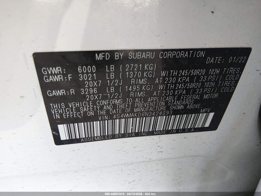 2022 Subaru Ascent Limited VIN: 4S4WMAKD6N3424093 Lot: 44851910