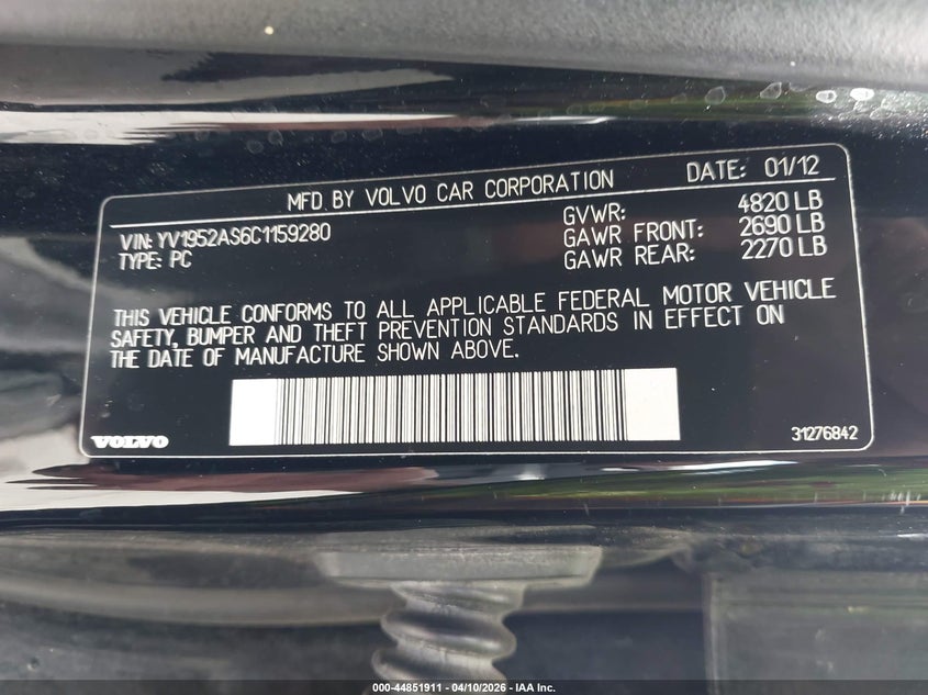 2012 Volvo S80 3.2/3.2 Platinum/3.2 Premier Plus VIN: YV1952AS6C1159280 Lot: 44851911