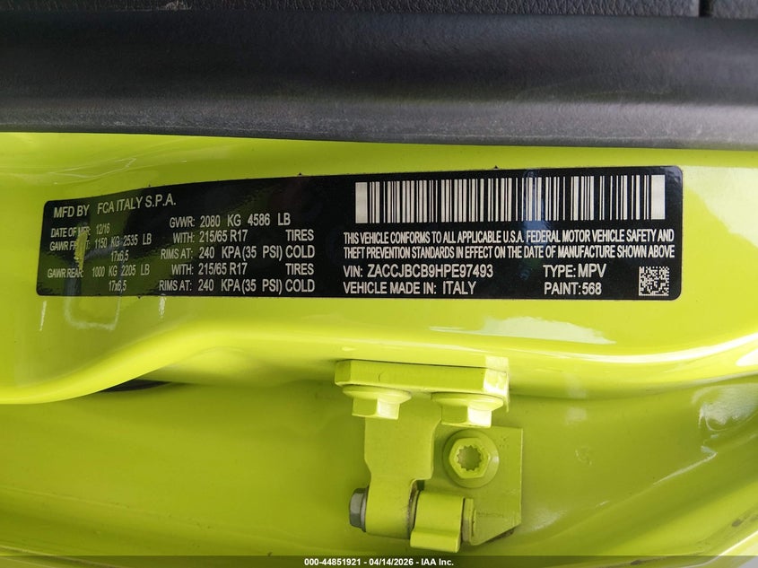 2017 Jeep Renegade Trailhawk 4X4 VIN: ZACCJBCB9HPE97493 Lot: 44851921