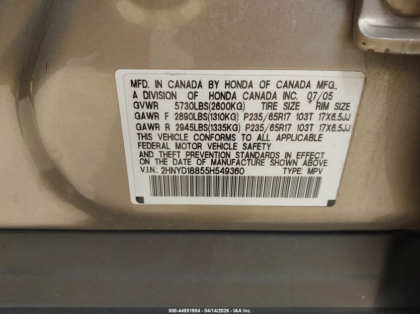 2005 Acura Mdx VIN: 2HNYD18855H549360 Lot: 44851954