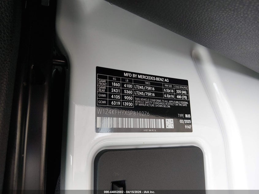 2025 Mercedes-Benz Sprinter 2500 Standard Roof 4-Cyl Diesel VIN: W1Z4KFHYXSP810276 Lot: 44852002