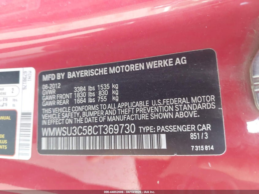 2012 Mini Cooper VIN: WMWSU3C58CT369730 Lot: 44852006