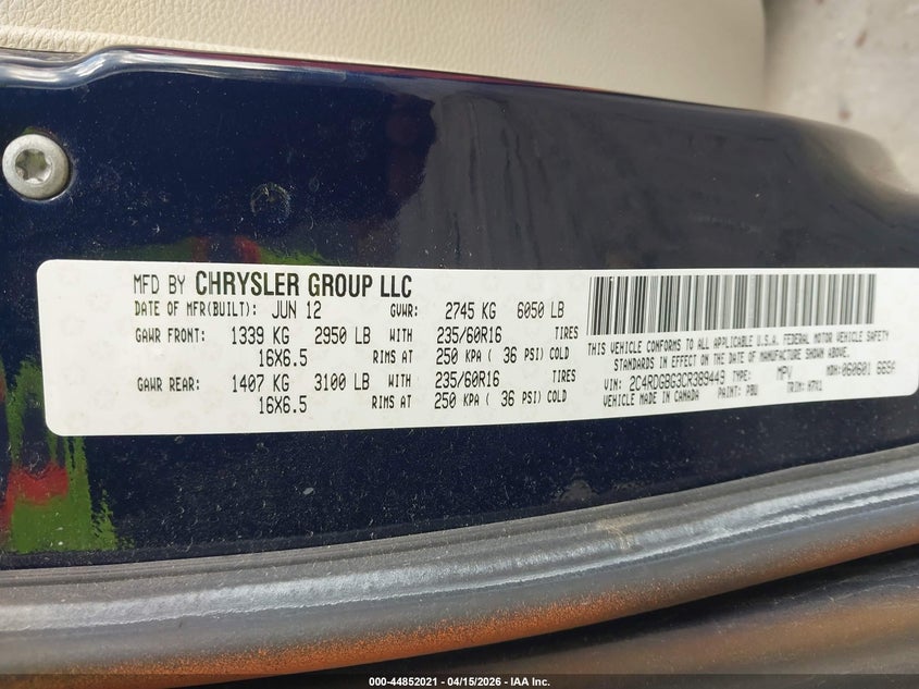 2012 Dodge Grand Caravan Se/Avp VIN: 2C4RDGBG3CR389449 Lot: 44852021