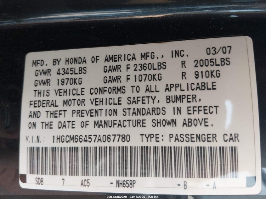 2007 Honda Accord 3.0 Se VIN: 1HGCM66457A067780 Lot: 44852029
