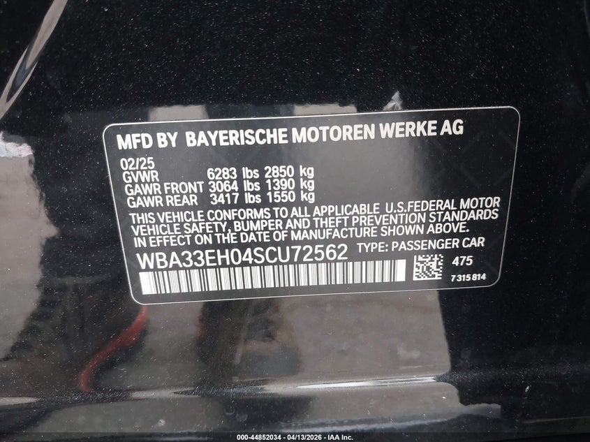 2025 BMW 740I xDrive VIN: WBA33EH04SCU72562 Lot: 44852034