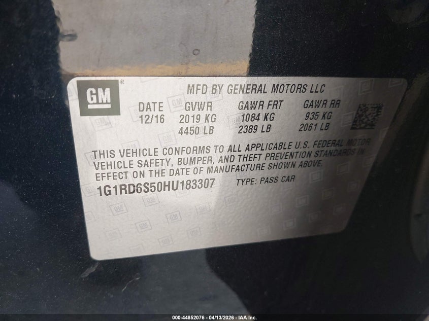 2017 Chevrolet Volt Premier VIN: 1G1RD6S50HU183307 Lot: 44852076