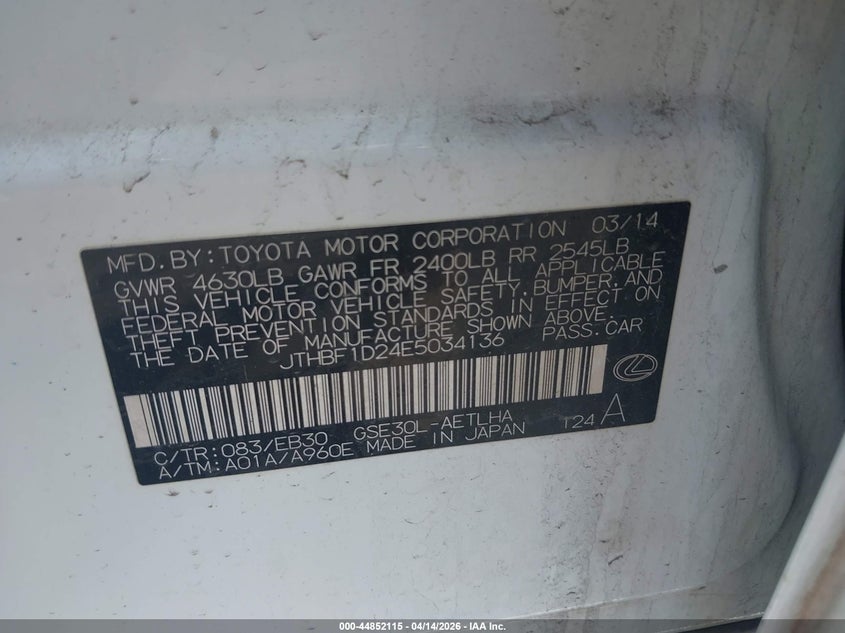 2014 Lexus Is 250 VIN: JTHBF1D24E5034136 Lot: 44852115