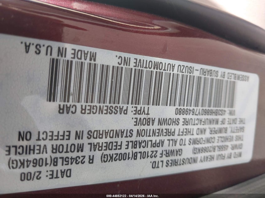 2000 Subaru Outback Limited VIN: 4S3BH6860Y7649880 Lot: 44852122