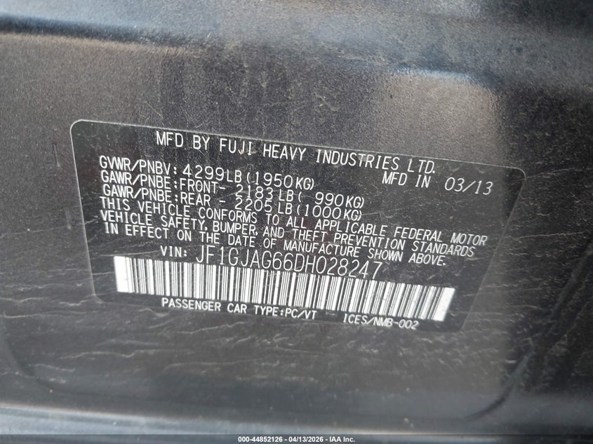 2013 Subaru Impreza 2.0I Limited VIN: JF1GJAG66DH028247 Lot: 44852126