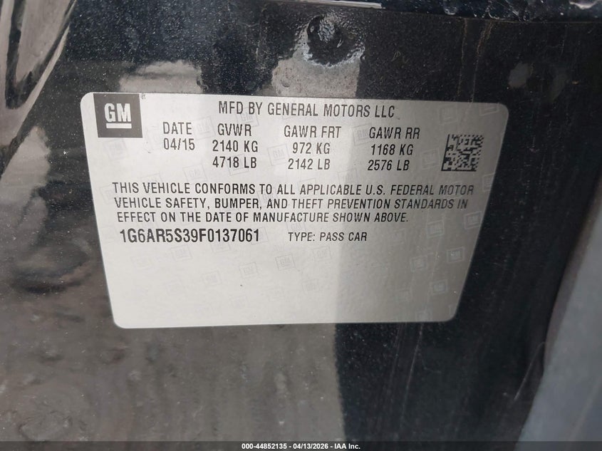 2015 Cadillac Cts Luxury VIN: 1G6AR5S39F0137061 Lot: 44852135