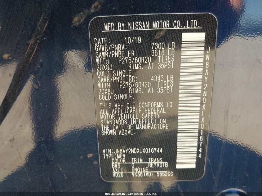 2020 Nissan Armada Sl 2Wd VIN: JN8AY2NDXLX016744 Lot: 44852146