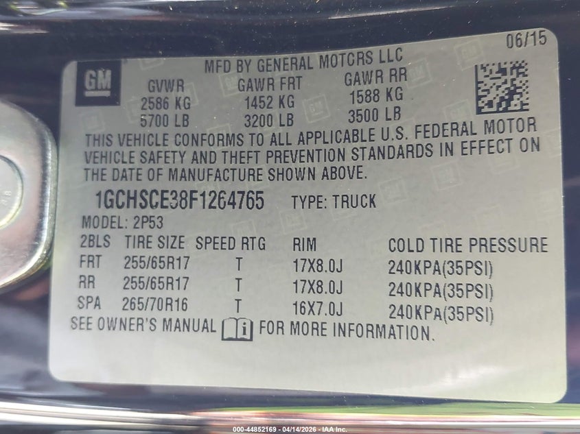 2015 Chevrolet Colorado Z71 VIN: 1GCHSCE38F1264765 Lot: 44852169