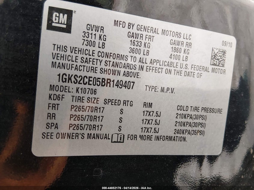 2011 GMC Yukon Slt VIN: 1GKS2CE05BR149407 Lot: 44852176