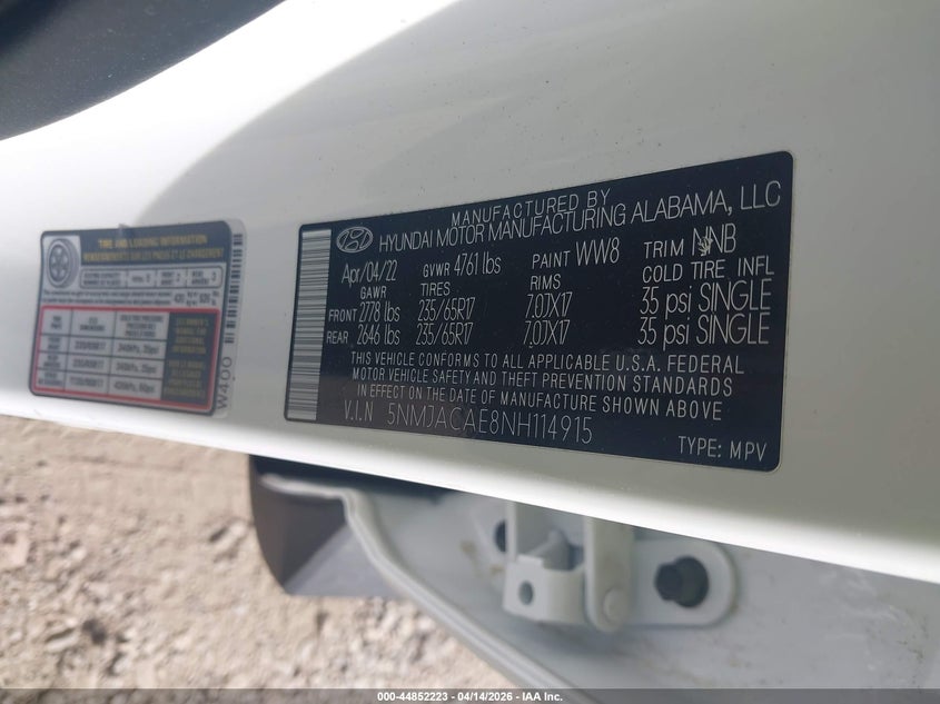 2022 Hyundai Tucson Se VIN: 5NMJACAE8NH114915 Lot: 44852223