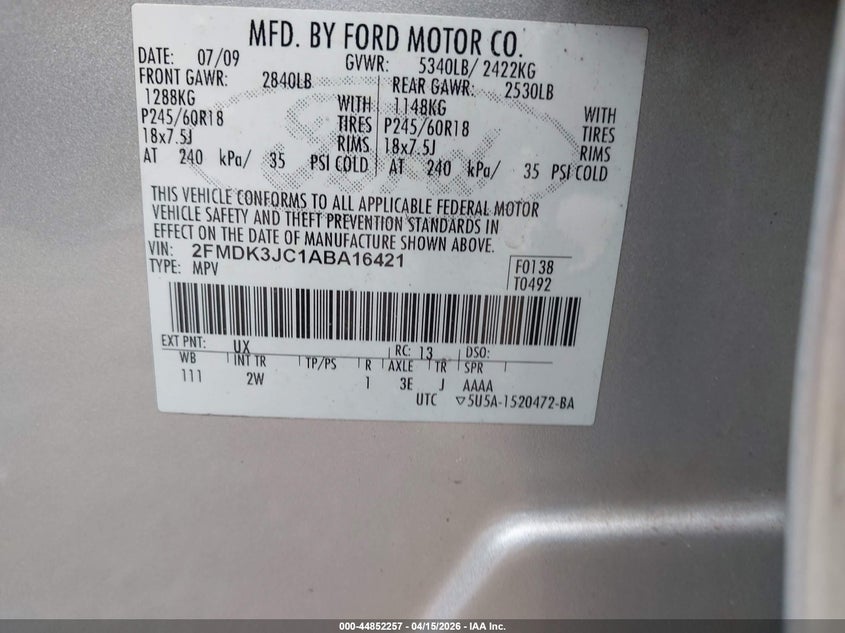 2010 Ford Edge Sel VIN: 2FMDK3JC1ABA16421 Lot: 44852257