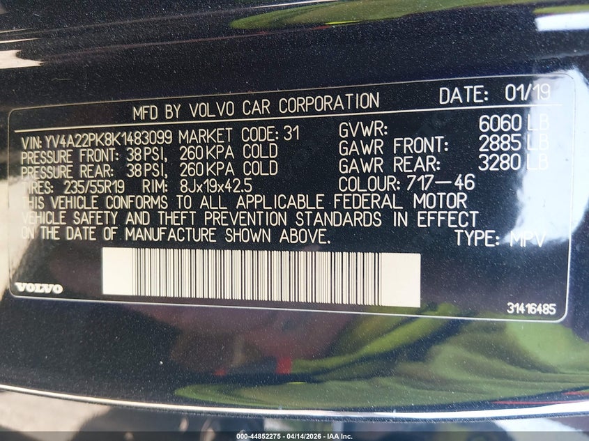 2019 Volvo Xc90 T6 Momentum VIN: YV4A22PK8K1483099 Lot: 44852275