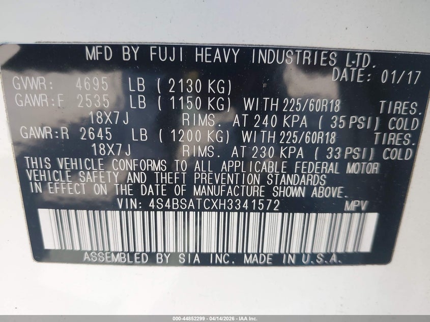 2017 Subaru Outback 2.5I Touring VIN: 4S4BSATCXH3341572 Lot: 44852299