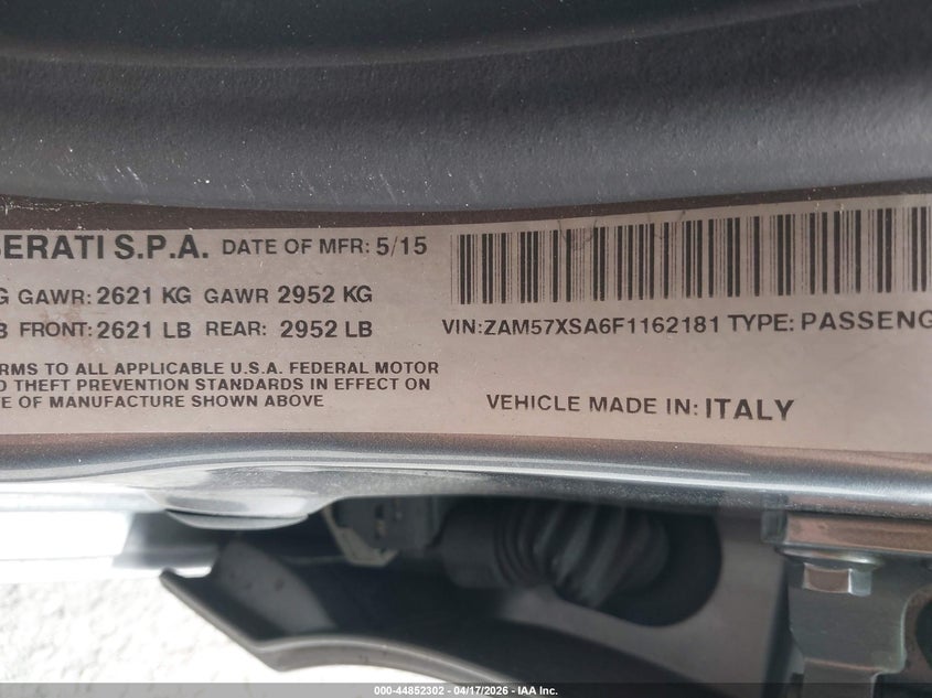 2015 Maserati Ghibli VIN: ZAM57XSA6F1162181 Lot: 44852302