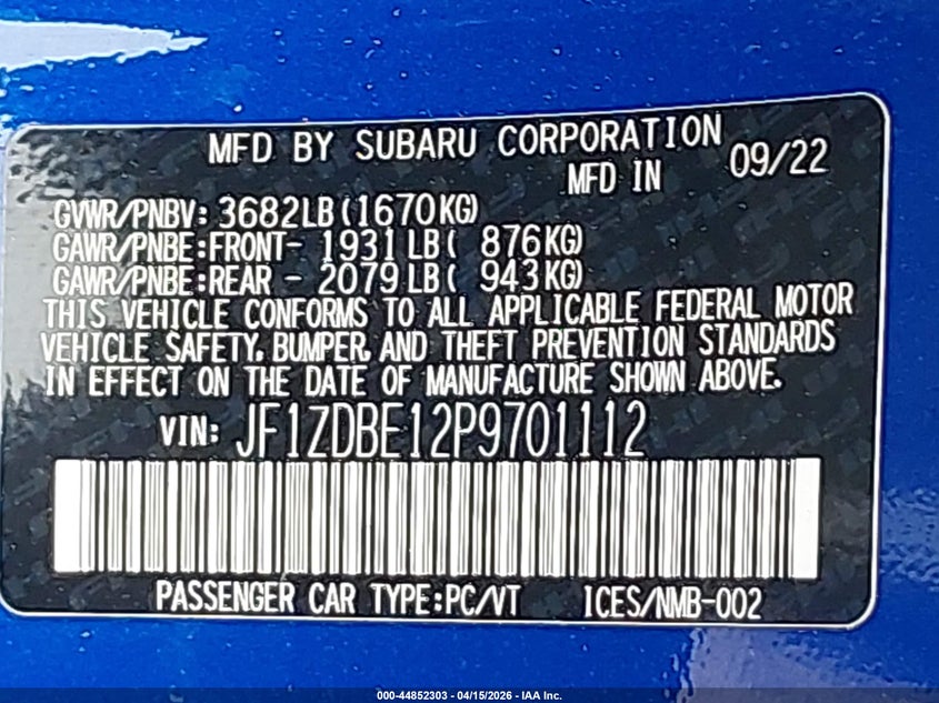 2023 Subaru Brz Limited VIN: JF1ZDBE12P9701112 Lot: 44852303