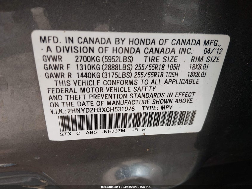 2012 Acura Mdx Technology Package VIN: 2HNYD2H3XCH531976 Lot: 44852311