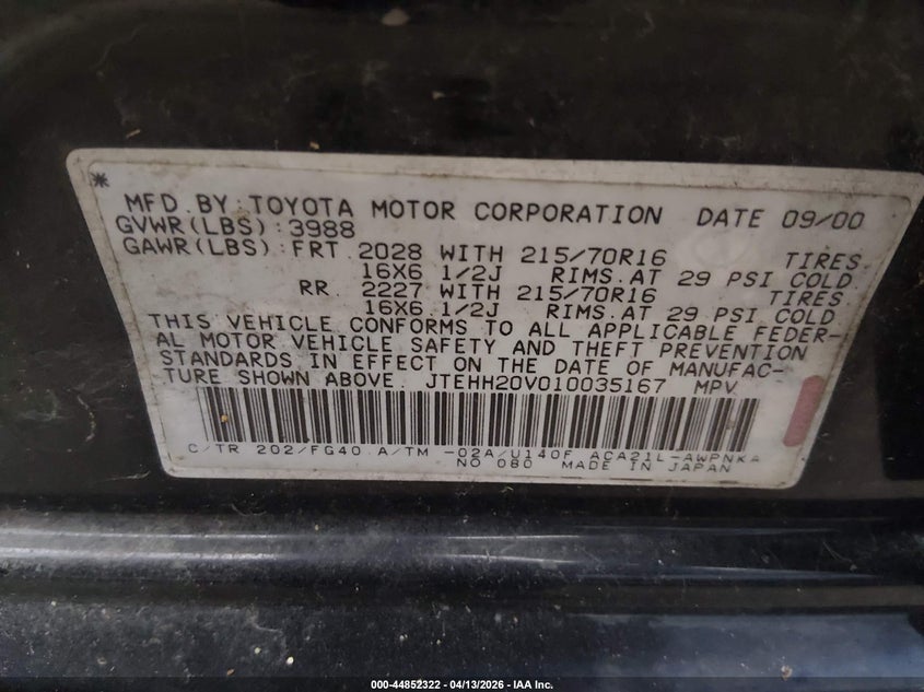 2001 Toyota Rav4 VIN: JTEHH20V010035167 Lot: 44852322