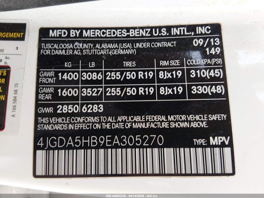 2014 Mercedes-Benz Ml 350 4Matic VIN: 4JGDA5HB9EA305270 Lot: 44852335