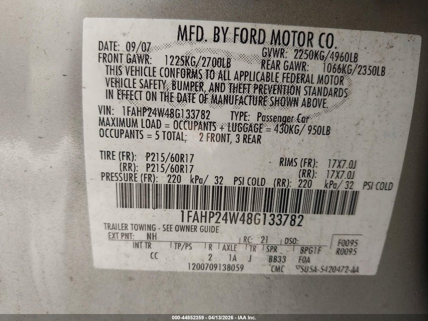 2008 Ford Taurus Sel VIN: 1FAHP24W48G133782 Lot: 44852359