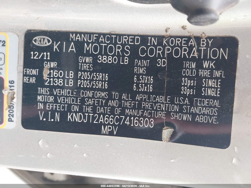 2012 Kia Soul + VIN: KNDJT2A66C7416303 Lot: 44852396