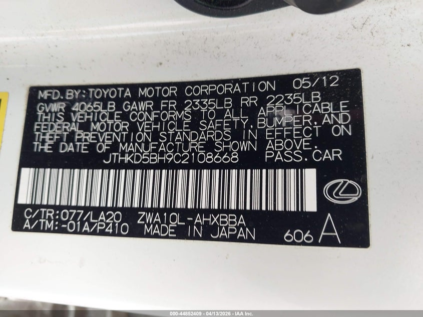 2012 Lexus Ct 200H Premium VIN: JTHKD5BH9C2108668 Lot: 44852409