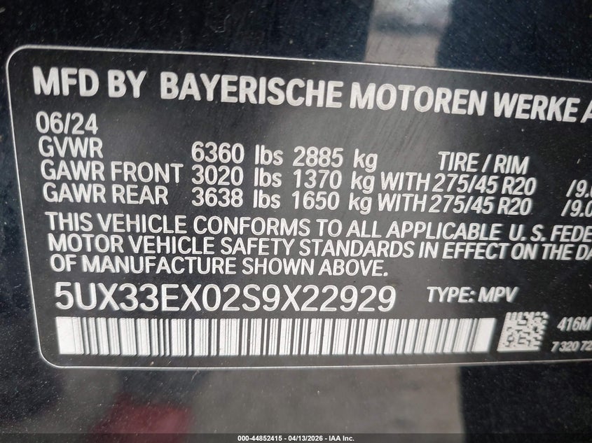 2025 BMW X6 xDrive40I VIN: 5UX33EX02S9X22929 Lot: 44852415