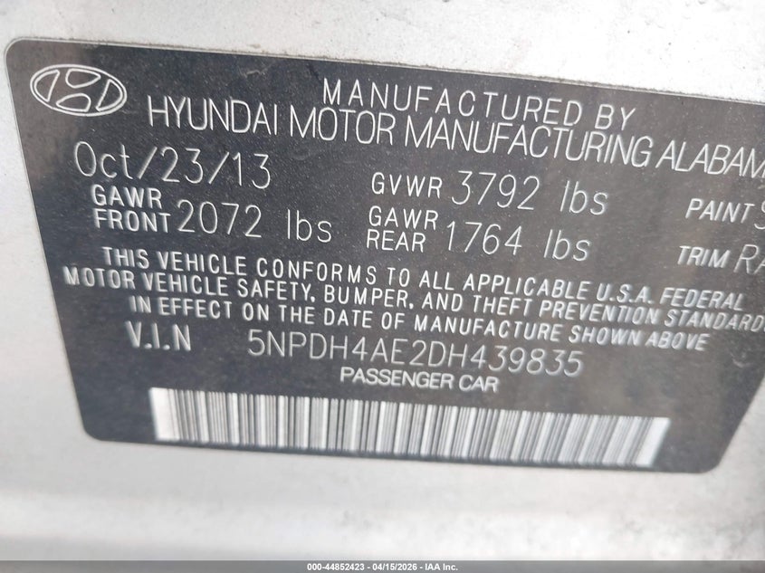 2013 Hyundai Elantra Gls VIN: 5NPDH4AE2DH439835 Lot: 44852423