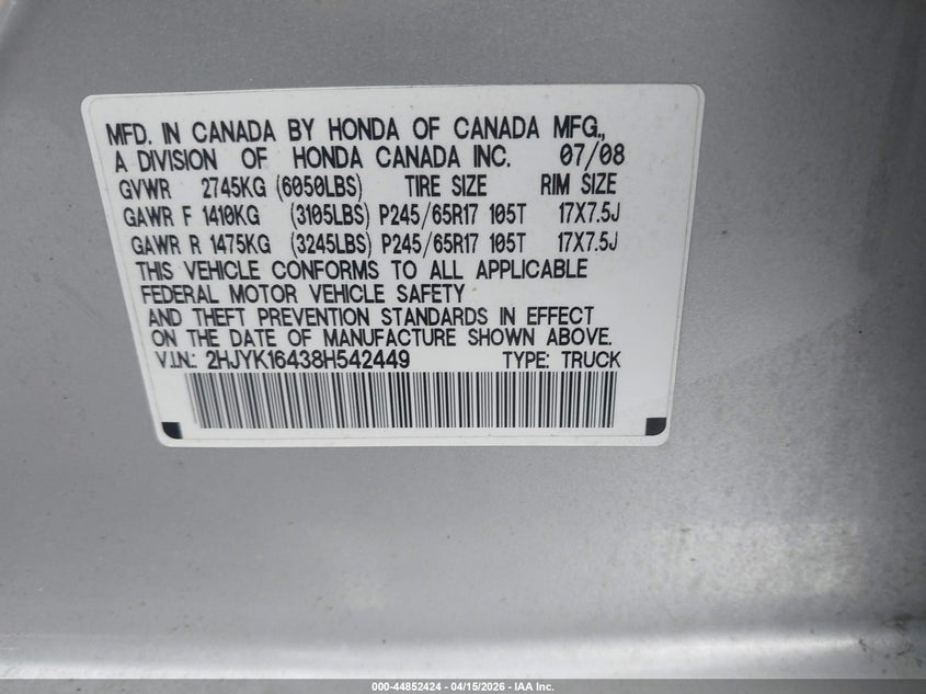 2008 Honda Ridgeline Rts VIN: 2HJYK16438H542449 Lot: 44852424