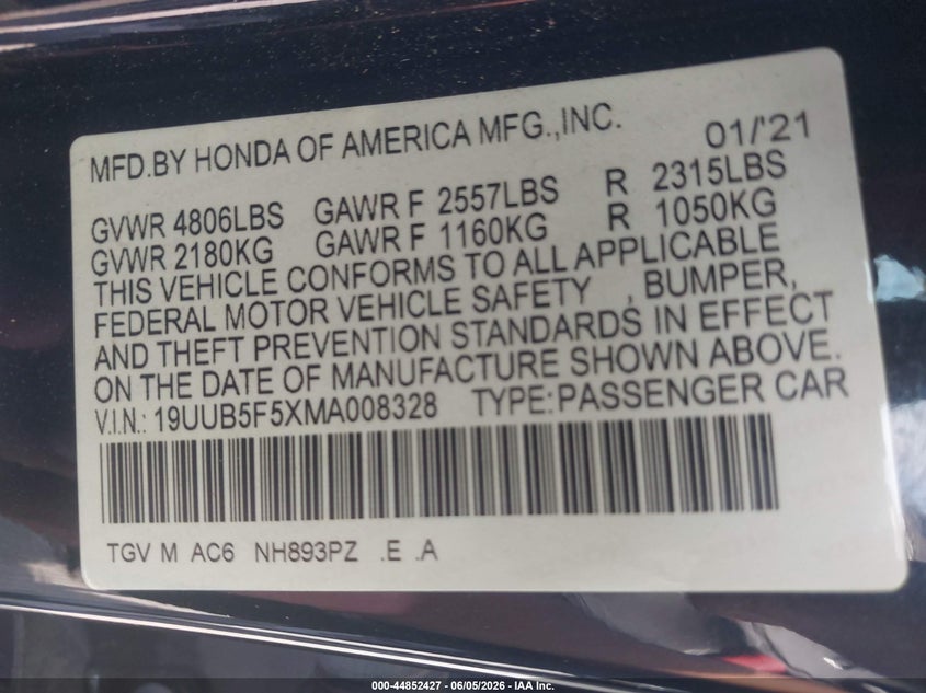 2021 Acura Tlx A-Spec Package VIN: 19UUB5F5XMA008328 Lot: 44852427