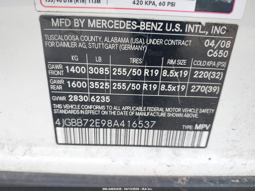 2008 Mercedes-Benz Ml 550 4Matic VIN: 4JGBB72E98A416537 Lot: 44852438