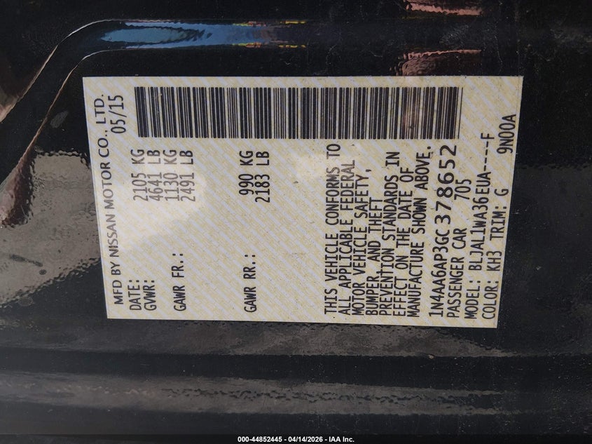 2016 Nissan Maxima 3.5 Sr VIN: 1N4AA6AP3GC378652 Lot: 44852445