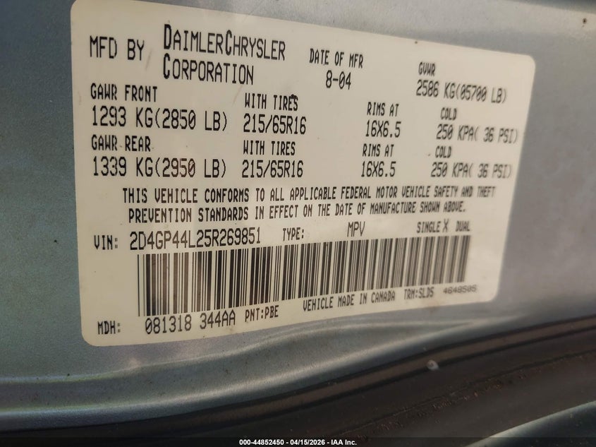 2005 Dodge Grand Caravan Sxt VIN: 2D4GP44L25R269851 Lot: 44852450