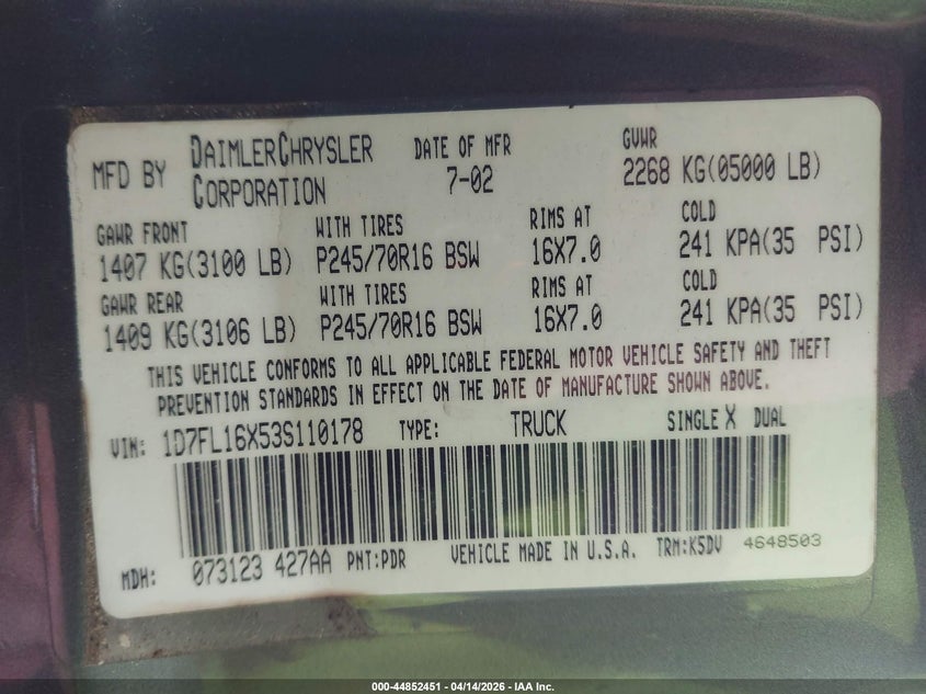 2003 Dodge Dakota VIN: 1D7FL16X53S110178 Lot: 44852451
