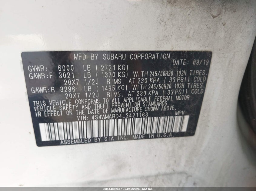 2020 Subaru Ascent Touring VIN: 4S4WMARD4L3421163 Lot: 44852477