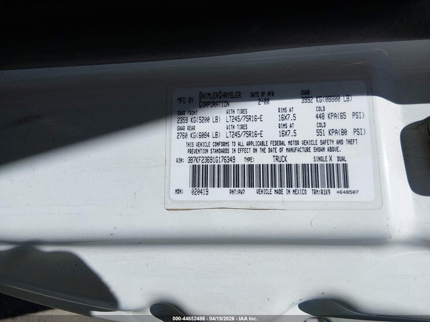 2001 Dodge Ram 2500 St VIN: 3B7KF23691G176349 Lot: 44852486