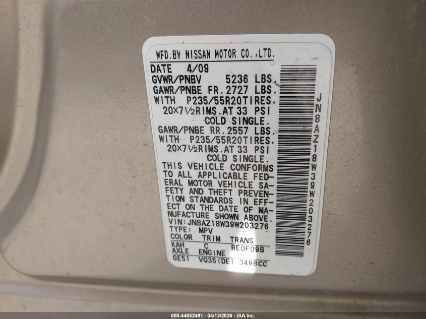 2009 Nissan Murano Le VIN: JN8AZ18W39W203276 Lot: 44852491