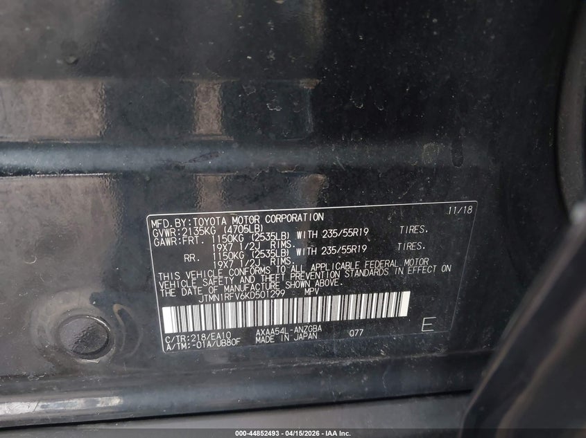 2019 Toyota Rav4 Limited VIN: JTMN1RFV6KD501299 Lot: 44852493