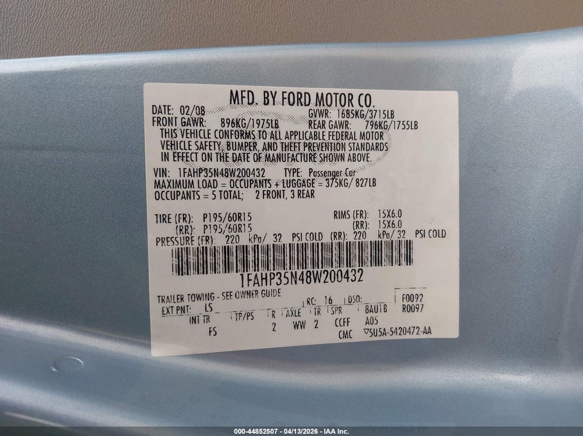 2008 Ford Focus Se/Ses VIN: 1FAHP35N48W200432 Lot: 44852507