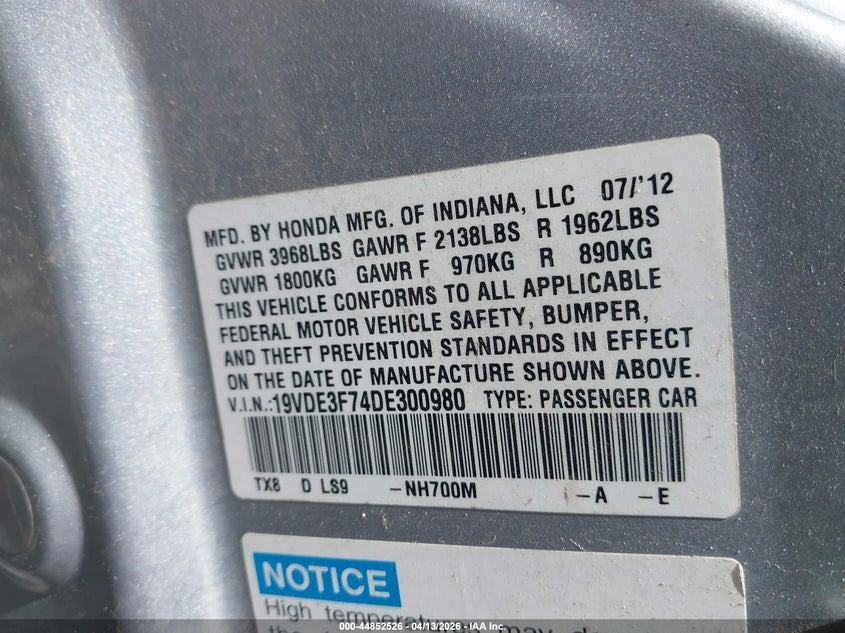 2013 Acura Ilx Hybrid 1.5L VIN: 19VDE3F74DE300980 Lot: 44852526