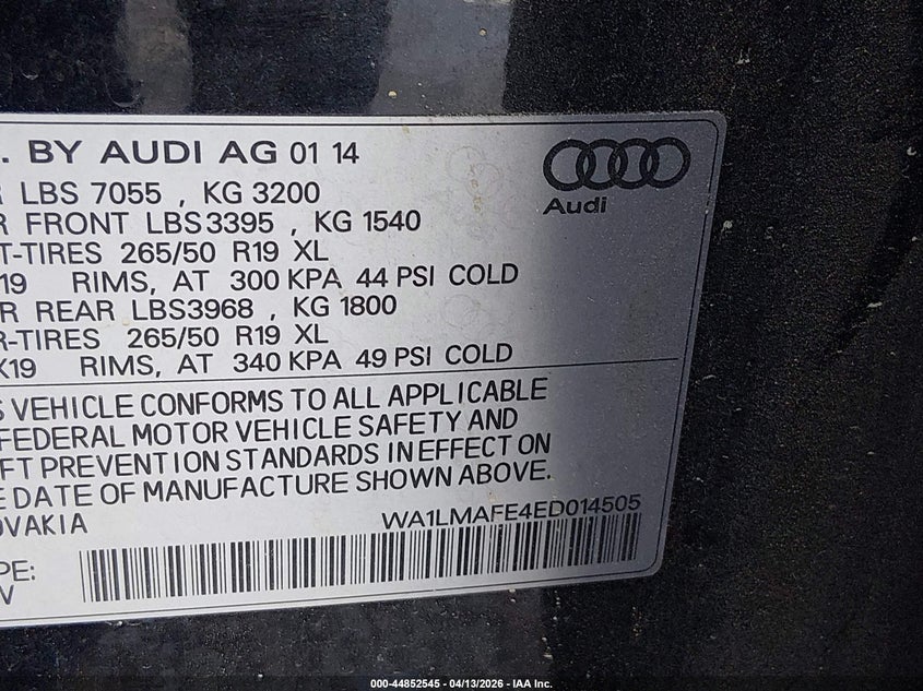 2014 Audi Q7 3.0 Tdi Premium VIN: WA1LMAFE4ED014505 Lot: 44852545