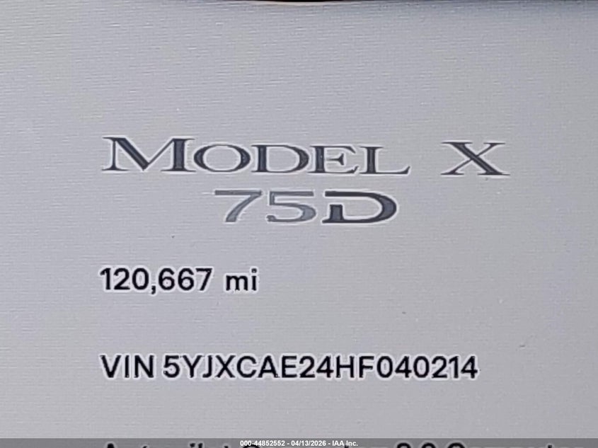 2017 Tesla Model X 100D/75D/90D VIN: 5YJXCAE24HF040214 Lot: 44852552