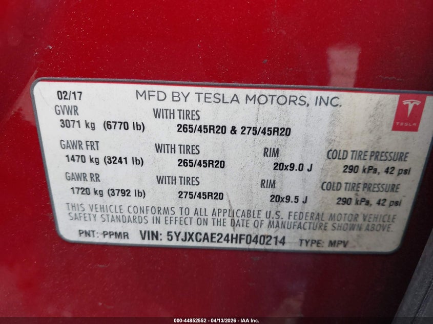 2017 Tesla Model X 100D/75D/90D VIN: 5YJXCAE24HF040214 Lot: 44852552