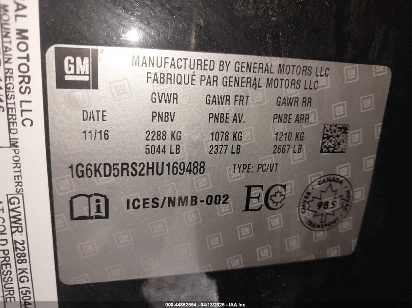 2017 Cadillac Ct6 Luxury VIN: 1G6KD5RS2HU169488 Lot: 44852554