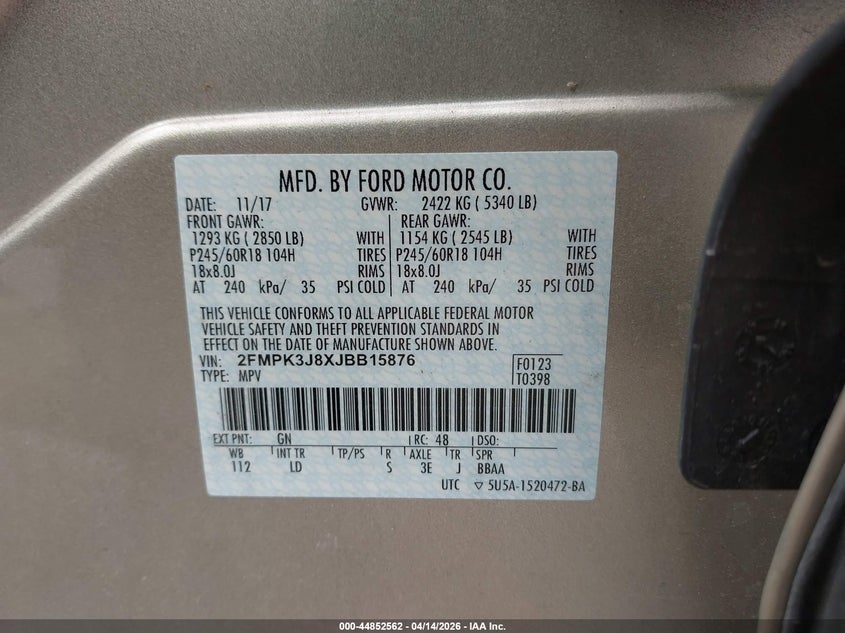 VIN 2FMPK3J8XJBB15876 2018 FORD EDGE SEL